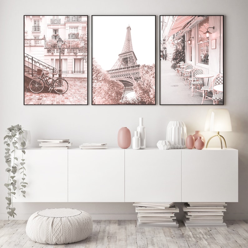 Paris Wall Art Pink Decor for Bedroom Print Set of 3 Prints Etsy