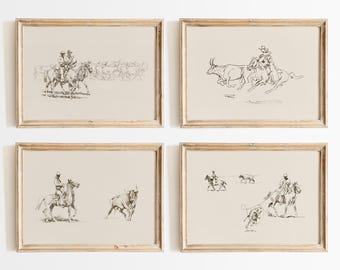 May include: Set of four black and white line drawings of cowboys on horseback, framed in natural wood frames. The drawings depict cowboys herding cattle, riding through a field, and roping a steer.