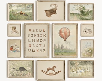 Neutral Nursery Wall Art Set: Vintage Painting Prints, Beige Baby Room, Farmhouse Decor