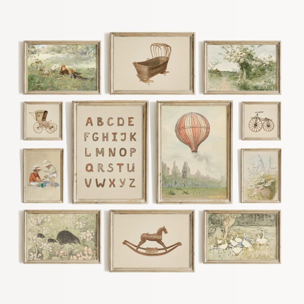 Set di decorazioni murali per la cameretta dei bambini, colori neutri: stampe di quadri vintage, cameretta beige, decorazioni in stile fattoria