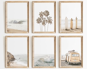 Neutral Beach Print Set, California Surf Decor, Coastal Wall Art, Surfboard Poster,  Digital Download