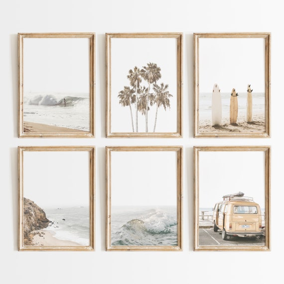 Neutral Beach Print Set, California Surf Decor, Coastal Wall Art, Surfboard Poster,  Digital Download