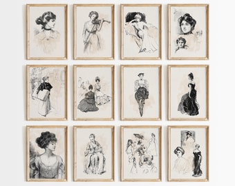 Vintage Drawing Prints Neutral Gallery Wall Set Vintage Women Posters Pencil Sketch Print Minimalist Living Room Art Trendy Wall Art Set