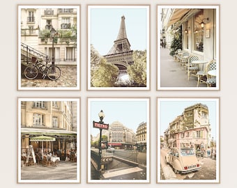 May include: A set of six framed prints featuring Parisian scenes. The prints include a view of the Eiffel Tower, a street cafe, a Parisian building, and a vintage car. The prints are all in a vintage style with a warm color palette.