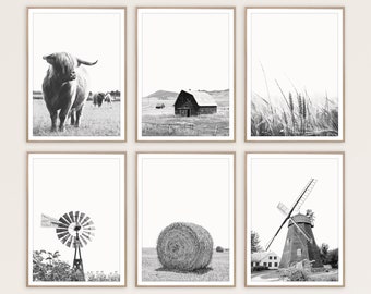 Ensemble d'impressions de ferme, grange rustique, vache, moulin à vent, décoration murale champêtre, art mural imprimable