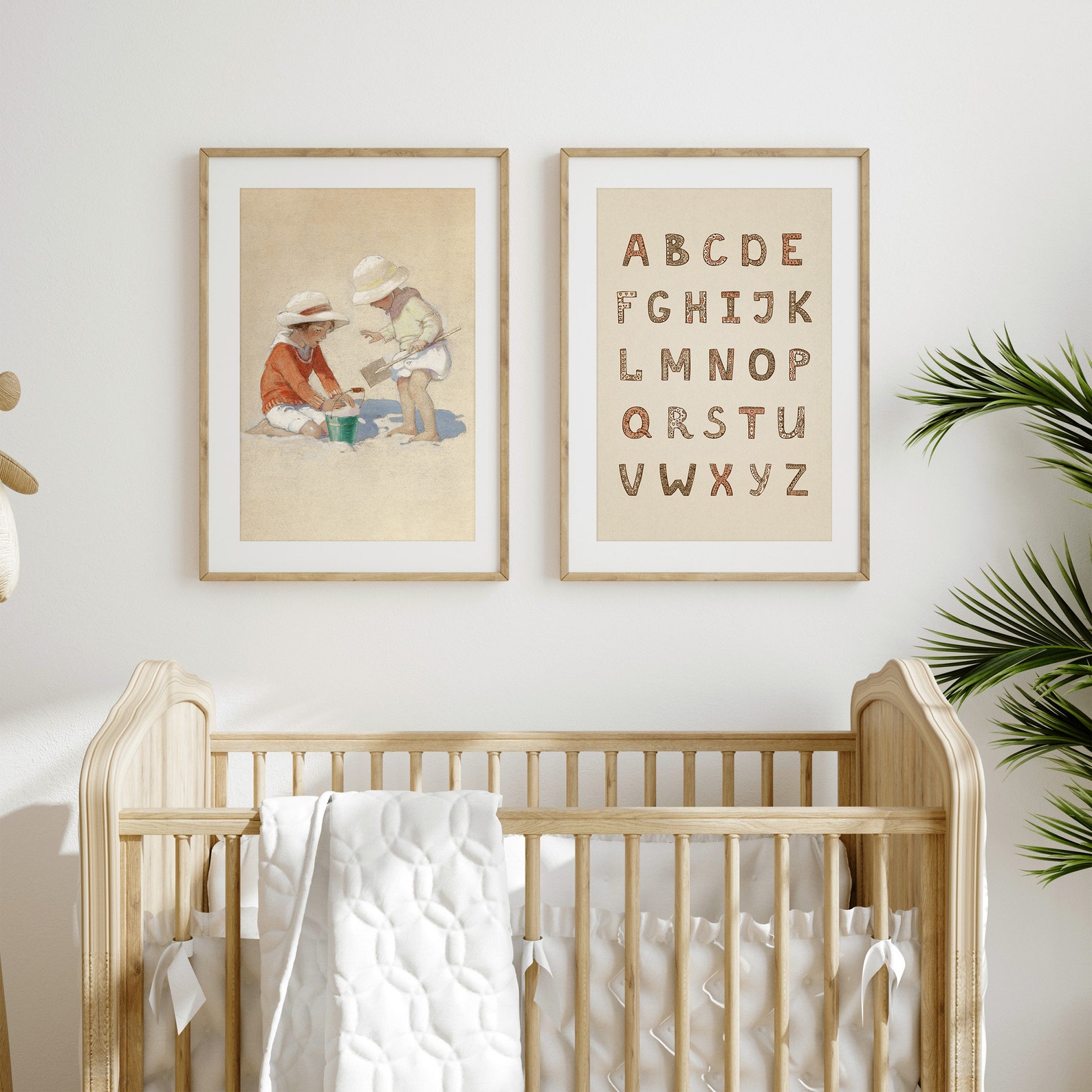 Neutral Nursery Wall Art Set: Vintage Painting Prints, Beige Baby Room ...