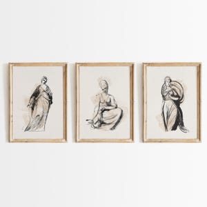 Figure Drawing Wall Art Set of 3 Woman Charcoal Sketch, Neutral Line Art Prints, Minimalist Female Abstract Art for Beige Home Decor