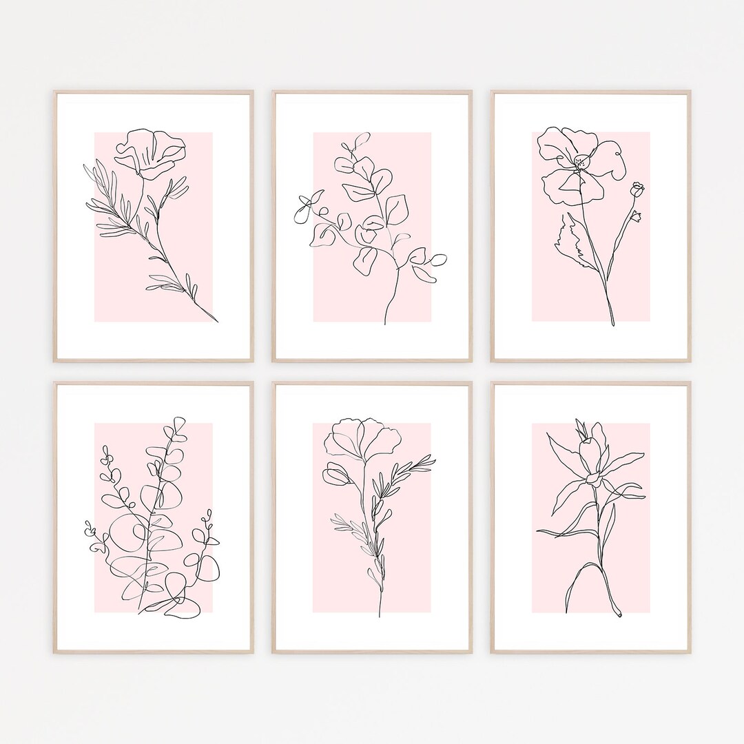 Botanical Line Art Pink Gallery Wall Set of 6 Wall Art Minimalist Print ...