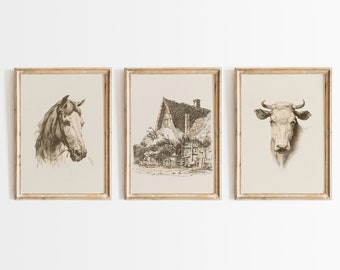 Juego de 3 impresiones de arte de pared de granja vintage: arte rústico de caballos y vacas, descarga digital