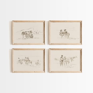 Juego de láminas con bocetos de vaqueros vintage: decoración del Oeste, póster de vaquero, arte mural del suroeste para imprimir.