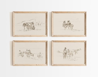 Vintage Cowboy Sketch Print Set: Western Decor, Cowboy Poster, Southwestern Wall Art Printable