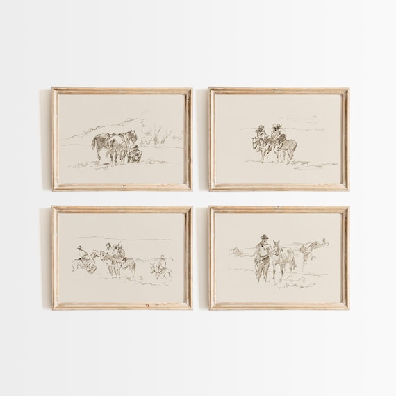 Vintage Cowboy Sketch Print Set: Western Decor, Cowboy Poster, Southwestern Wall Art Printable