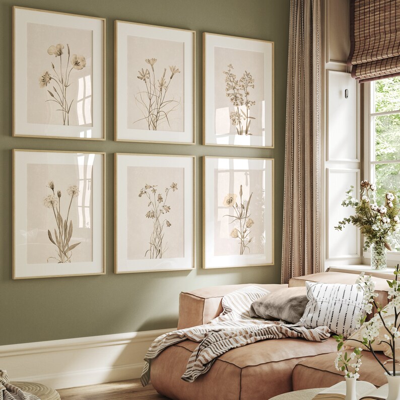 May include: Six framed botanical prints with delicate illustrations of flowers in shades of beige and brown, displayed on a sage green wall above a light brown couch with a striped throw blanket.