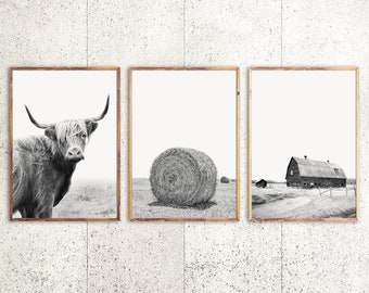 Ensemble d'impression noir et blanc de ferme : vache Highland, grange, botte de foin, déco murale pays