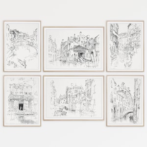 Venecia Italia Galería Arte mural Conjunto de 6 impresiones Boceto Arte mural Impresión minimalista Línea abstracta Arte Ciudad Skyline Cartel Arquitectura Arte