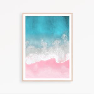 Lámina de playa rosa: arte mural rosa y azul, decoración de dormitorio rosa, lámina para baño, decoración costera en tonos pastel, póster de océano rosa, arte imprimible