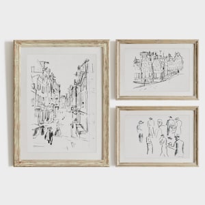 Neutral Vintage City Sketch Prints Set Abstract Line Print Minimal Wall Art Minimalist City Print Charcoal Drawing Architecture Print