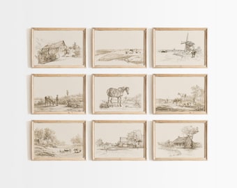 Vintage Farmhouse Landscape Sketch Prints, Neutral Gallery Wall Set, Minimal Landscape Art