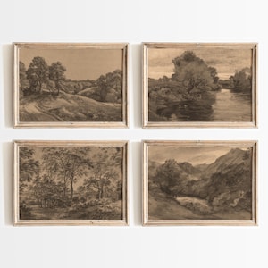 Arte vintage Moody Acuarela Paisaje Pintura Rústica Casa de campo Decoración Marrón Oscuro Arte Impresión País Paisaje Arte de pared Conjunto