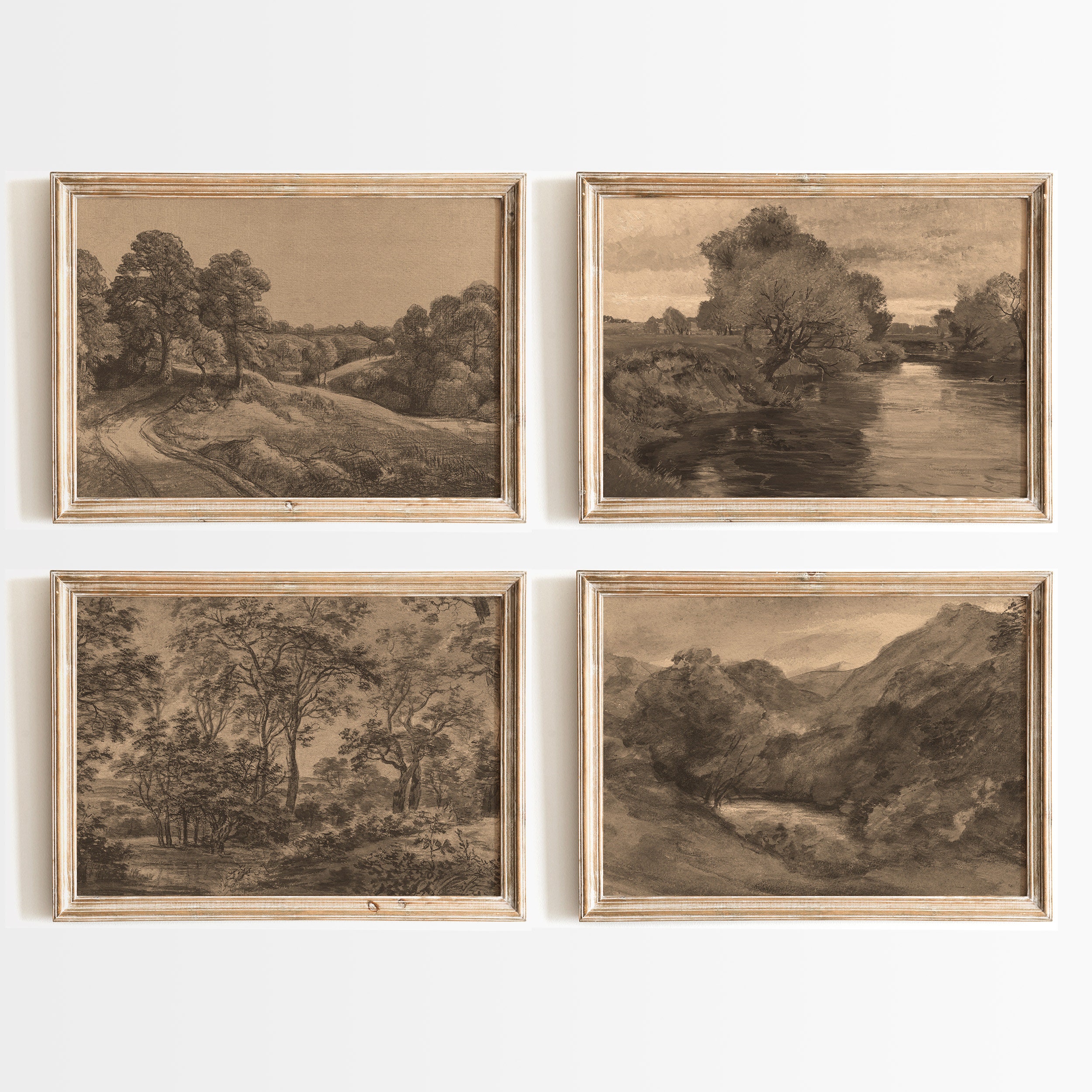 Vintage Art Moody Watercolor Landscape Painting Rustic Farmhouse Decor Brown Dark Art Print Country Landscape Wall Art Set