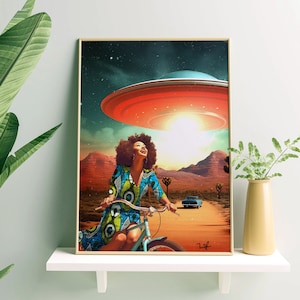 May include: A woman in a colorful dress rides a bicycle in a desert landscape with a flying saucer hovering overhead. The sky is filled with stars and the sun is setting.