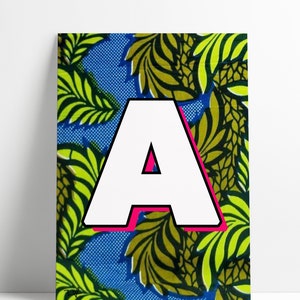 Blue & Green African Fabric Letter Print, Initial Print, Name Print, Custom Name, Bedroom Wall Art,