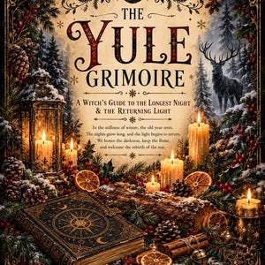 May include: A book titled The Yule Grimoire: A Witch's Guide to the Longest Night & The Returning Light. The cover features a dark, ornate book, lit candles, pine branches, pinecones, dried orange slices, and a stag in a snowy forest.