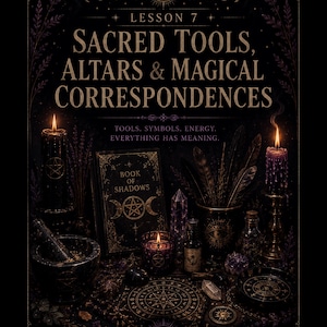May include: A black poster titled Urban Sorcery Lesson 7 Sacred Tools, Altars & Magical Correspondences. It features a Book of Shadows, a mortar and pestle, crystals, feathers, and lit candles with gold accents against a dark, mystical background.