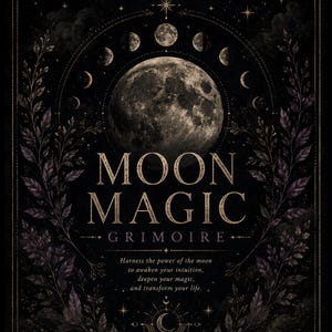 Könnte beinhalten: Dunkle, gotische Illustration mit einem großen, detaillierten Mond im Zentrum, umgeben von Mondphasen. Der Text "MOON MAGIC GRIMOIRE" ist prominent dargestellt, mit zusätzlichem Text über die Kraft des Mondes.