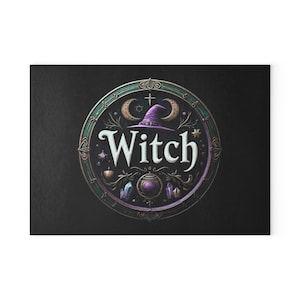 魔女をテーマにした「WITCH」ガラスカッティングボード。2サイズ展開。キッチンの魔女への素敵な贈り物に。