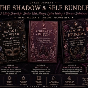 May include: The Shadow & Self Bundle includes three witchy journals with 600 prompts for shadow work, nervous system healing, and feminine embodiment. The journals are beautifully designed with floral and celestial accents, and the text includes "The Masks We Wear", "The Regulated Witch", and "The Dark Feminine Journal".