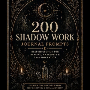 May include: A black journal with gold accents and the text "200 Shadow Work Journal Prompts." The cover features celestial designs, a crescent moon, and the words "Deep Reflection for Healing, Awareness & Transformation."