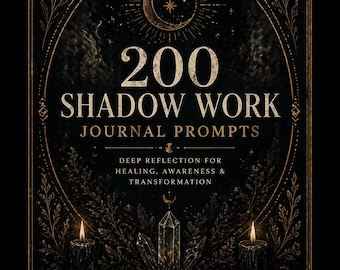 May include: A black journal with gold accents and the text "200 Shadow Work Journal Prompts." The cover features celestial designs, a crescent moon, and the words "Deep Reflection for Healing, Awareness & Transformation."