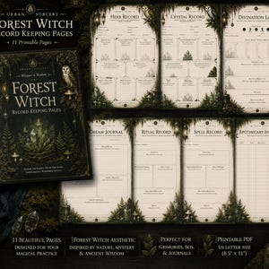 Puede incluir: Un conjunto de 11 páginas imprimibles de registro Forest Witch con una estética oscura inspirada en la naturaleza. El set incluye plantillas para registros de hierbas, cristales, rituales, un diario de sueños y un inventario.