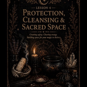 May include: A dark, mystical illustration featuring a lit candle, crystals, and a cauldron. Text reads "PROTECTION, CLEANSING & SACRED SPACE" and "URBAN SORCERY". The image evokes a sense of magic and spirituality, with a focus on creating a sacred space.