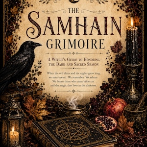 May include: A book titled The Samhain Grimoire with a black raven, a lit black candle in a metal holder, a steaming cauldron, a pomegranate, and a black book with a gold pentagram on the cover, surrounded by autumn leaves and a lantern.