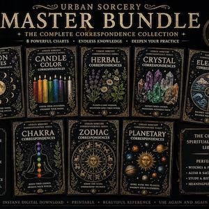 May include: A collection of eight charts from the "Urban Sorcery Master Bundle" featuring topics like Moon Phases, Candle Color, Herbal Correspondences, and Zodiac Correspondences. The charts have a dark, ornate design with gold accents and are intended for spiritual practice.