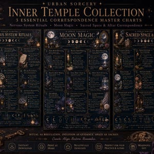 Könnte beinhalten: Dunkelmarineblaue Tafeln aus der "Inner Temple Collection" mit dem Text "Urban Sorcery". Die Tafeln behandeln Nervensystem-Rituale, Mondmagie und Korrespondenz von heiligem Raum und Altar. Die Tafeln sind mit Illustrationen von Kerzen, Monden und anderen mystischen Elementen verziert.