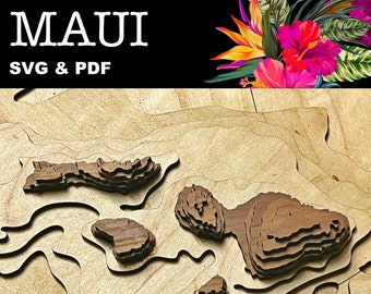 Pliki wycinane laserowo z topograficzną mapą Maui na Hawajach (SVG, PDF)