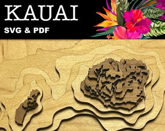 Kauai Hawaii Island Topographical Relief Map Laser cut files. SVG, PDF, glowforge file, laser cut template, laser svg, laser pattern