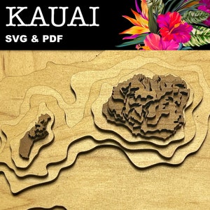 Mapa de relieve topográfico de la isla de Kauai Hawaii Archivos cortados con láser. SVG, PDF, archivo glowforge, plantilla de corte láser, svg láser, patrón láser