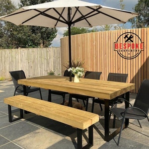 Outdoor Reclaimed Dining Table & Bench Garden Table 3 Chunky Solid Wood Industrial Steel Frame Legs Choices of Legs Finish image 3