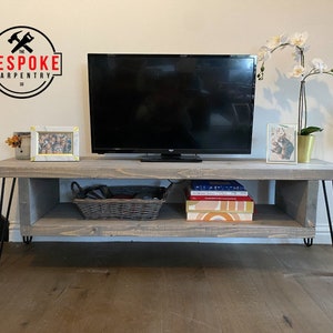 Industrial TV Stand - Reclaimed Rustic Solid Wood TV Unit with Black Hairpin Legs - Chunky Farmhouse Modern Shabby Chic