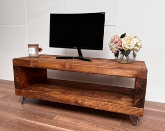 Chunky 3" Industrial TV Stand Solid Reclaimed Wood TV Unit Console Steel Hairpin Industrial Legs