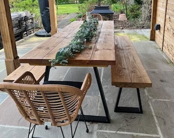 Reclaimed Outdoor Dining Table & Bench - Garden Table 2” Thick - Industrial Steel Frame Legs - Choices of Legs + Finish