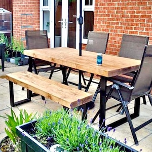Outdoor Reclaimed Dining Table & Bench Garden Table 3 Chunky Solid Wood Industrial Steel Frame Legs Choices of Legs Finish afbeelding 5