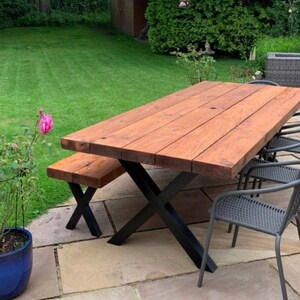 Outdoor Reclaimed Dining Table & Bench Garden Table 3 Chunky Solid Wood Industrial Steel Frame Legs Choices of Legs Finish image 6