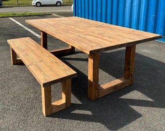 Industrial Dining Table - Reclaimed - Outdoor Table - Timber Frame Legs Chunky Farmhouse Oak Pine