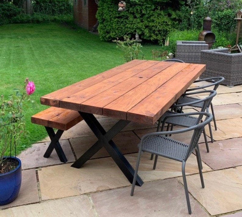 Outdoor Reclaimed Dining Table & Bench Garden Table 3 Chunky Solid Wood Industrial Steel Frame Legs Choices of Legs Finish image 6