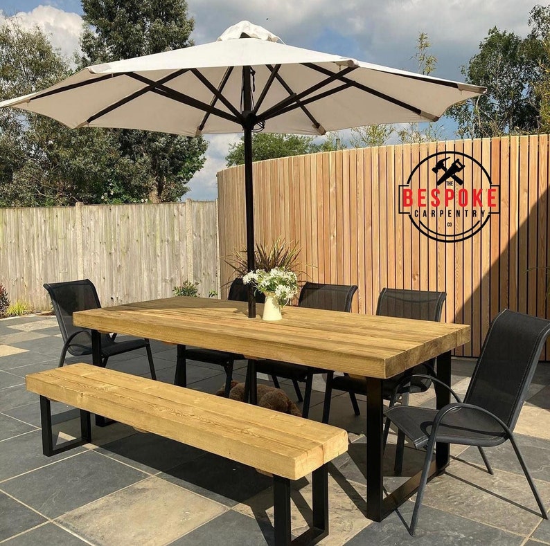 Outdoor Reclaimed Dining Table & Bench Garden Table 3 Chunky Solid Wood Industrial Steel Frame Legs Choices of Legs Finish afbeelding 3